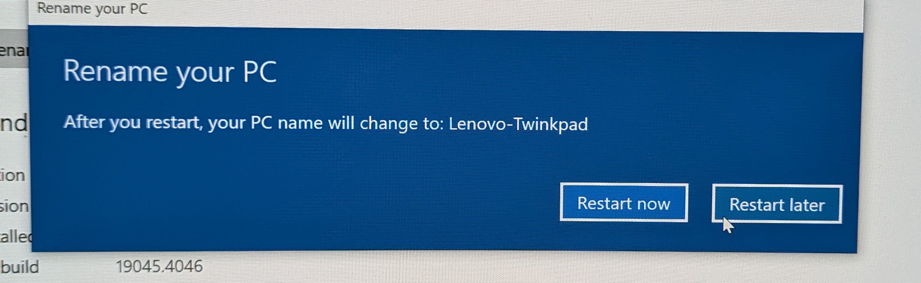 Screenshot of a windows computer showing that it will be renamed to Lenovo Twinkpad. It is this computer that I am blogging from now.