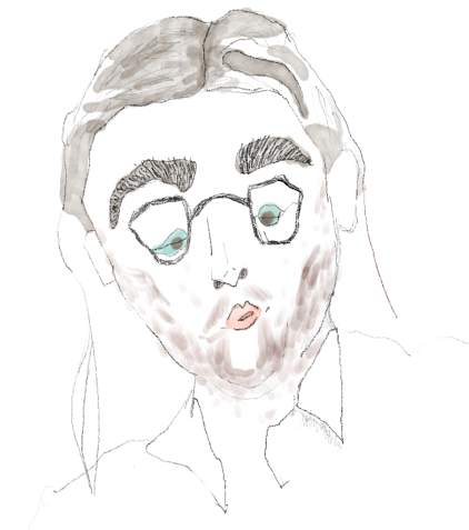 self-portait of the author (julian). he has long blonde hair, green eyes, glasses, and is looking startled.